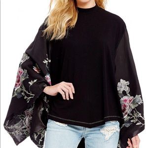 Free People Black Embroidered Long Sleeve Top